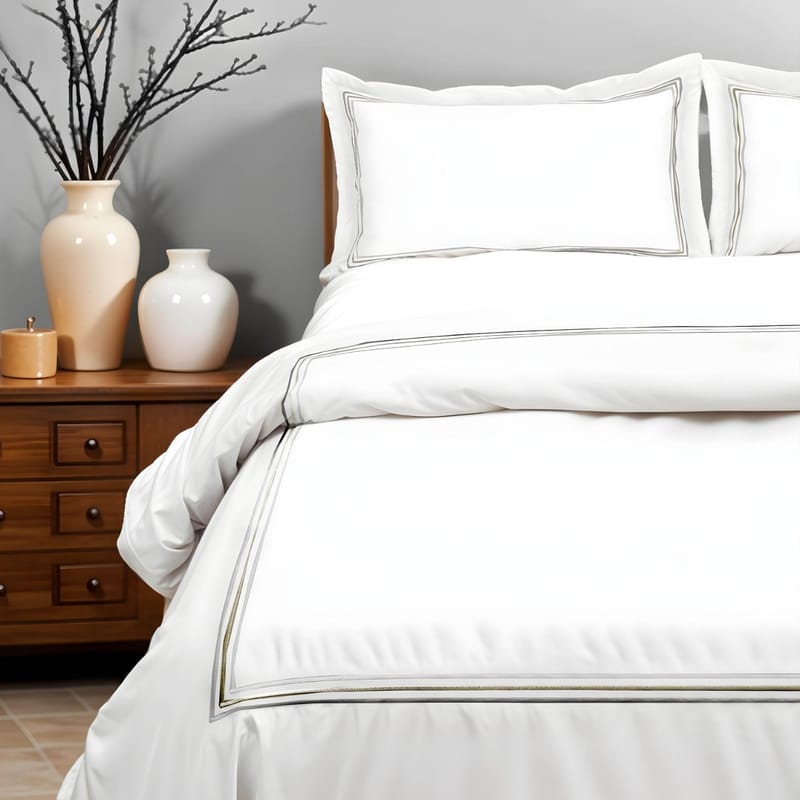 آيدا مفرش فندقي قطن أبيض مع إطار رمادي 3 قطع, رمادي color-8