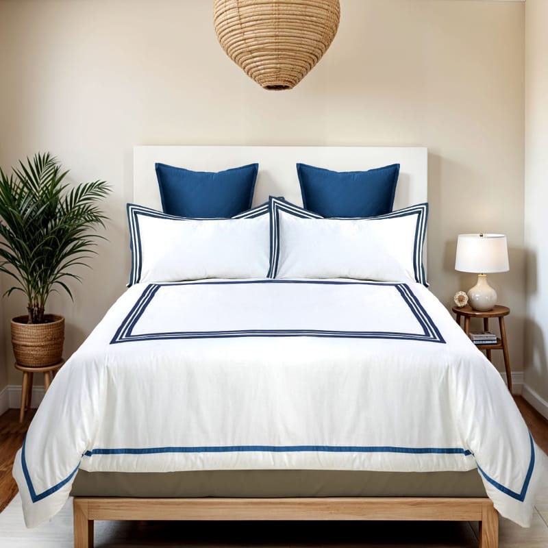 شارم مفرش سرير أبيض فندقي مع إطار كحلي نفر ونص 5 قطع, أزرق بحري color-1