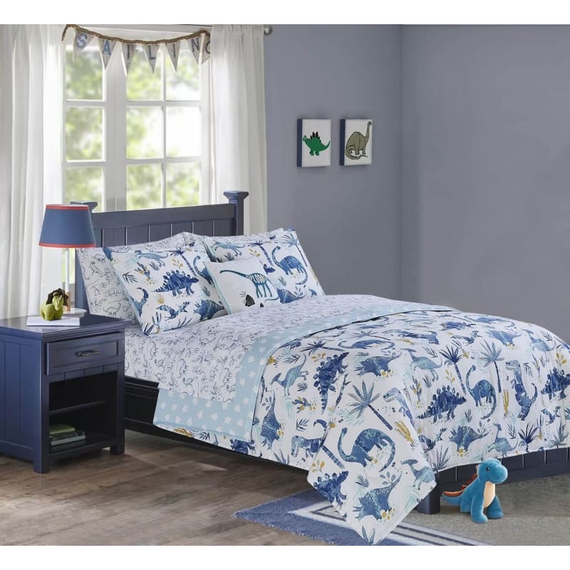 دايناصور بارك طقم مفرش اطفال ابيض وأزرق للأولاد من كرز لنن
