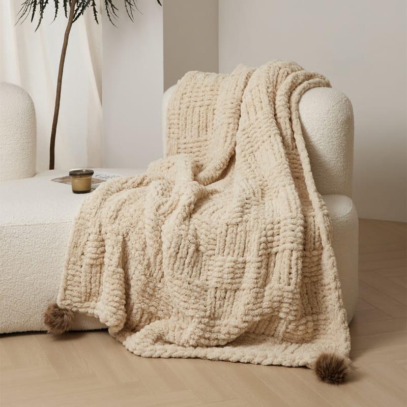 هتان - بطانية ديكور شتوية مع بومبومس - تصميم فاخر من كرز لنن في السعودية والخليج
