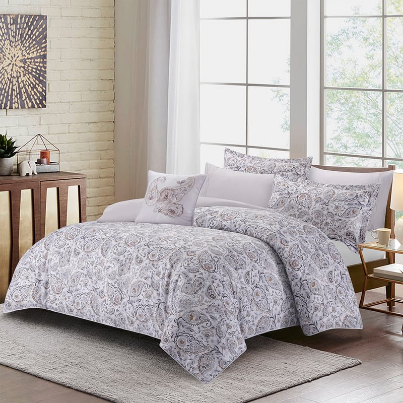 كِنز مفرش صيفي رمادي وأبيض مشجر قطن 7 قطع, رمادي color-1