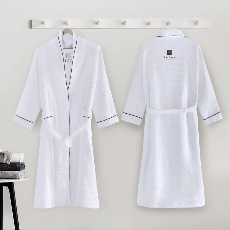 روب حمام فندقي أبيض بخط رمادي من كرز لنن, أبيض color-3