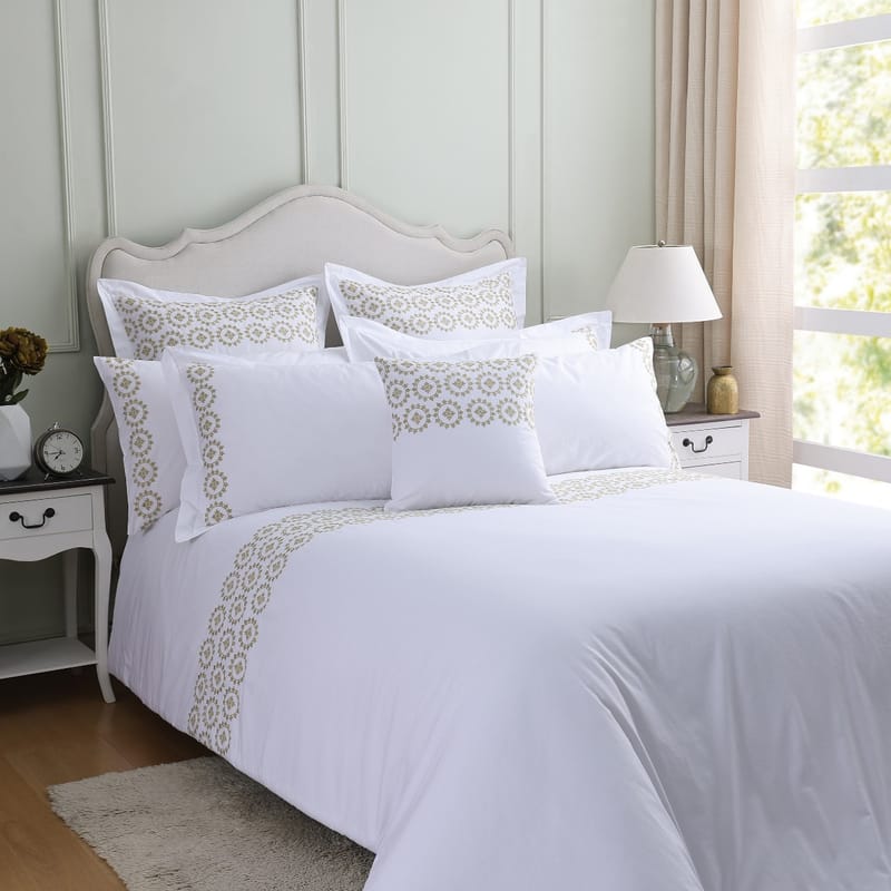 Nakheel Plain White Comforter Set with Gold Embroidery – 9 Pieces
