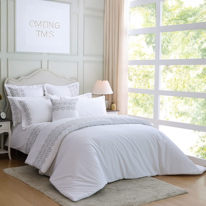 Nakheel White Hand-Embroidered Comforter Set with Gray Details – 9 Pieces from Karaz Linen
