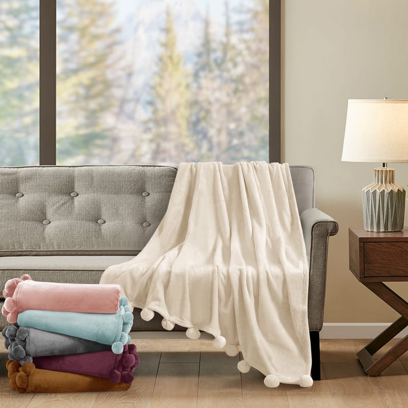 روشن - بطانية فرو ناعم شتوية مع بومبومس من كرز لنن في السعودية والخليج من كرز لنن
